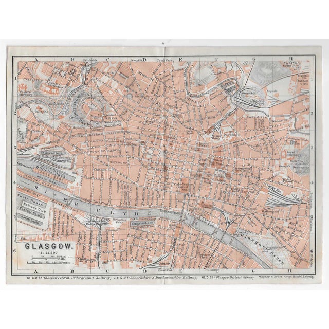 1910 antique map of Glasgow, Scotland.