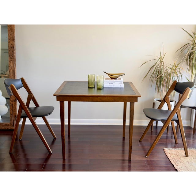 Mid-Century 1960s Coronet “Wonderfold” Walnut Table & Pair of Folding Chairs Set With Black Vinyl for Poker Game or Breakfast Nook For Sale - Image 9 of 12
