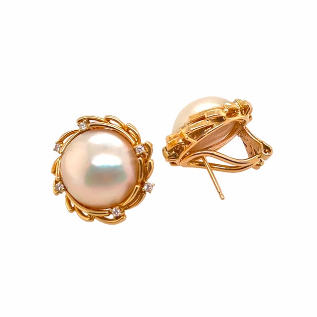 Modern 14k Gold Mabe Pearl & Diamond Earrings With Omega Pierced Clip Backs - 2 Pieces For Sale - Image 3 of 4