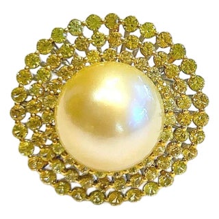 Bochic “Orient” Vintage South Sea Pearl & Sapphire Ring Set 18K Gold & Silver For Sale