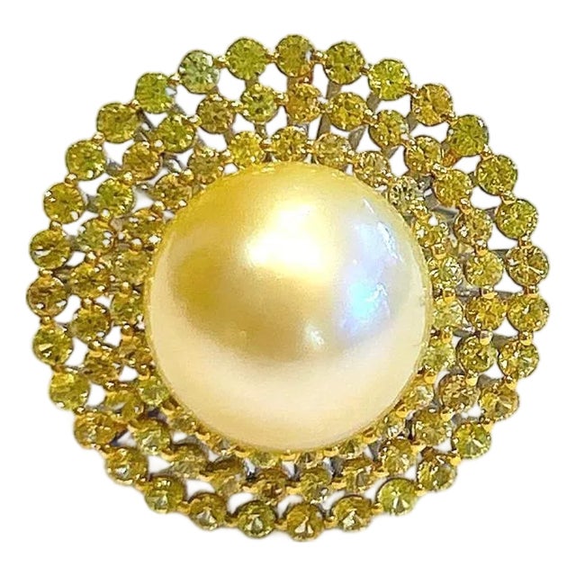 Bochic “Orient” Vintage South Sea Pearl & Sapphire Ring Set 18K Gold & Silver For Sale