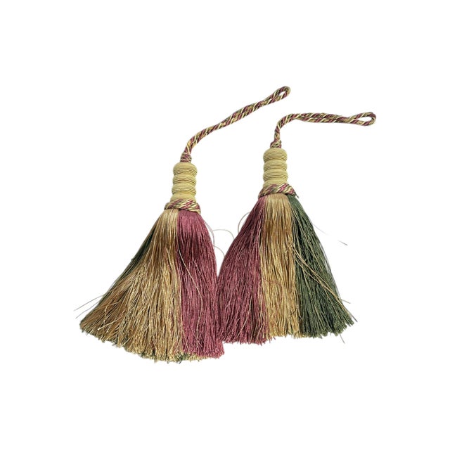 Pair Vintage French Passementerie Key Tassels Gold and Green For Sale - Image 4 of 4