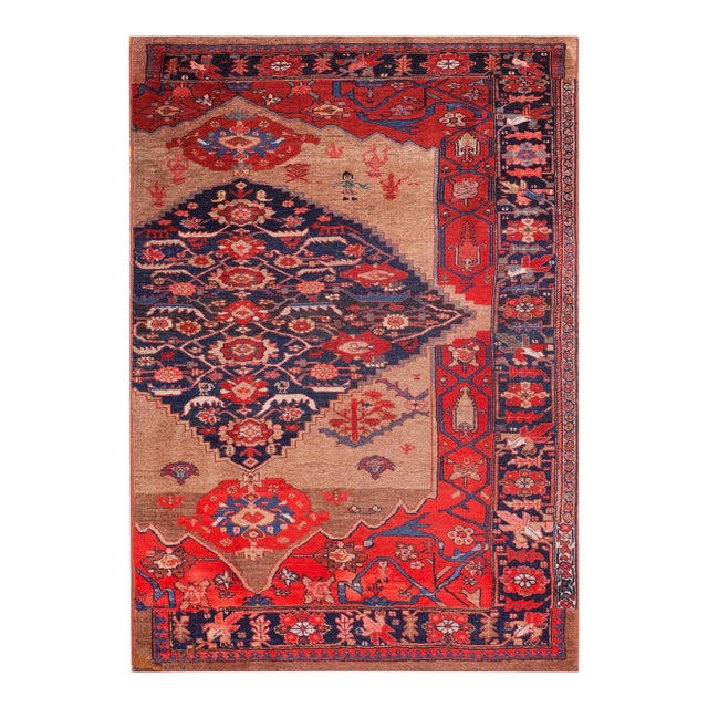 1900s Tan Camel Medallion Antique W. Persian Bijar Sampler Rug 4'6" X 6'9" Handknotted Wool Carpet For Sale