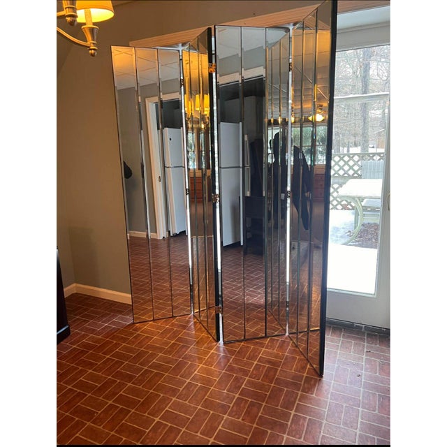 Vintage Four Panel Beveled Mirrored Screen For Sale - Image 4 of 16