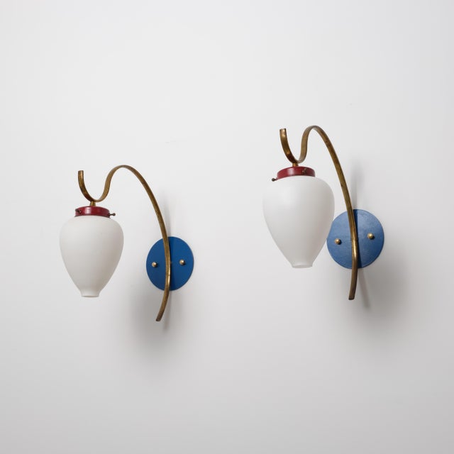 Blue Italian Brass, Blue and Red Metal and Opaline Glass Sconces, 1950s, Set of 2 For Sale - Image 8 of 8