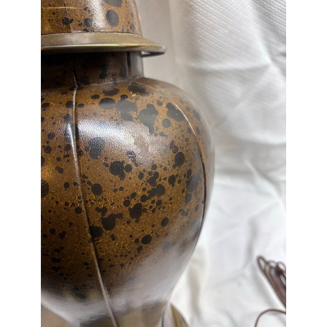 Metal Vintage Cowhide Leather Ginger Jar Table Lamp With Frederick Cooper Shade For Sale - Image 7 of 9