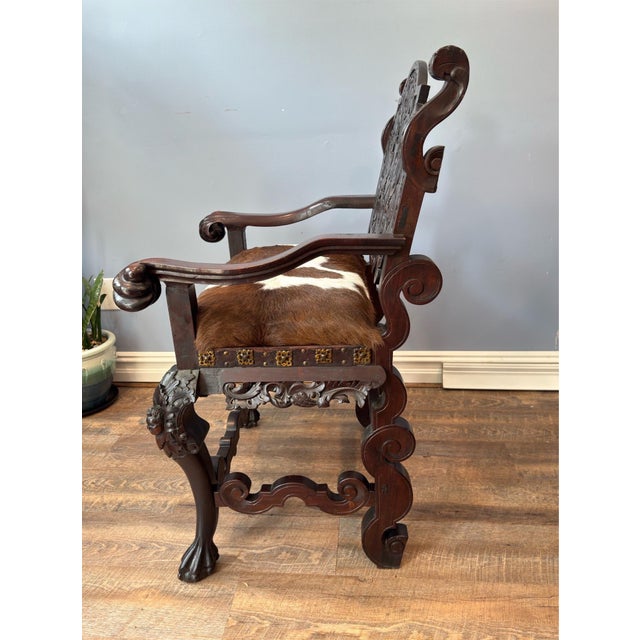 Antique Renaissance Revival Carved Walnut Throne Chair, Cowhide Seat For Sale - Image 9 of 17
