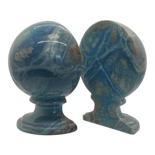 Vintage Italian Sphere Bookends in Blue, Pink and Orange Alabaster, a Pair For Sale