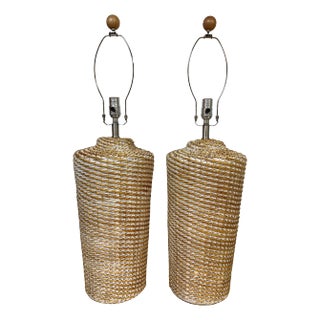 Coastal Modern White-Polychromed Woven Rattan Lamps - a Pair For Sale