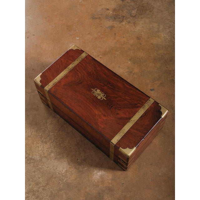 Brown Vintage Brass Bound Campaign Writing Slope Lap Desk With Velvet Interior Storage Compartments Folding Travel Writing Box For Sale - Image 8 of 14