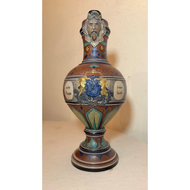 Huge Antique Handmade Armorial German Painted Pottery Beer Pitcher Stein Ewer For Sale - Image 12 of 18
