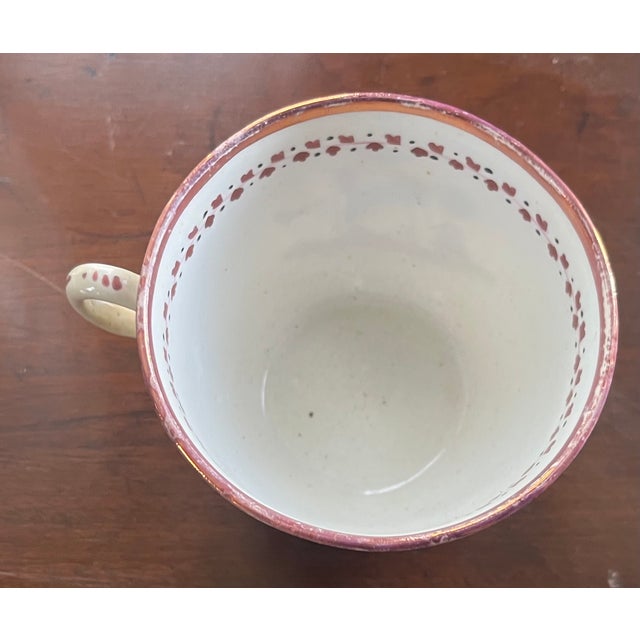 Antique 19th C. English Regency Pink Luster Porcelain Tea Cup & Saucer With Prosperity Crest 1810 For Sale - Image 9 of 12