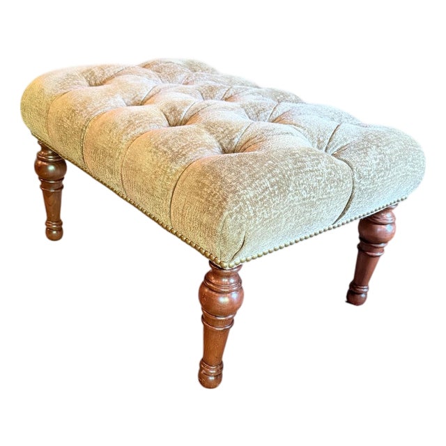 Stickley Leopold Tufted Top Ottoman; Turned Wooden Legs; Maker’s Mark on Underside For Sale