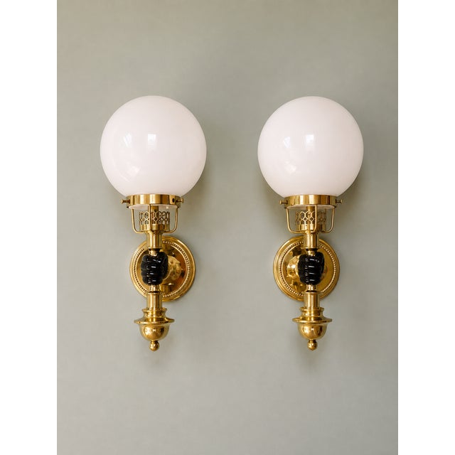 Hollywood Regency Brass Wall Sconces with White Opaline Glass Globes, 1970s, Set of 2 For Sale - Image 9 of 13