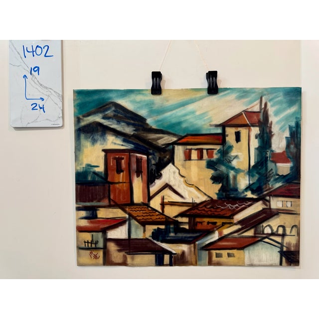 Paper Henry Emil Salloch Original Pastel on Paper Mid-Century Cubist Village, 1961. For Sale - Image 7 of 7