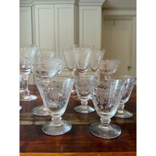 18-Piece Set of Vintage Fostoria Romance Pattern Etched Crystal Glassware With Flowers and Ribbon Designs For Sale In Philadelphia - Image 6 of 14