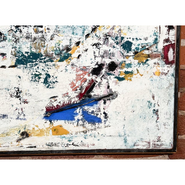 White Vintage Mid Century Abstract Expressionist Painting With Mixed Media Stitching For Sale - Image 8 of 11
