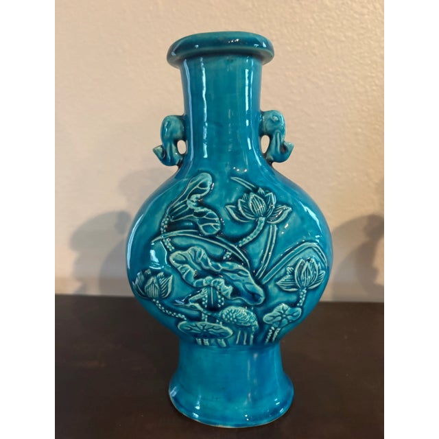 Pair Vintage Chinese Turquoise Glazed Vases, 8.5” High For Sale - Image 4 of 10