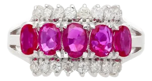 Natural Pink Ruby and Diamond Platinum Wedding Band 5 Stone Ring