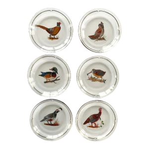 Late 20th Century Winter Game Birds Red Glassware Canapé Plates by Lynn Chase- Set of 6