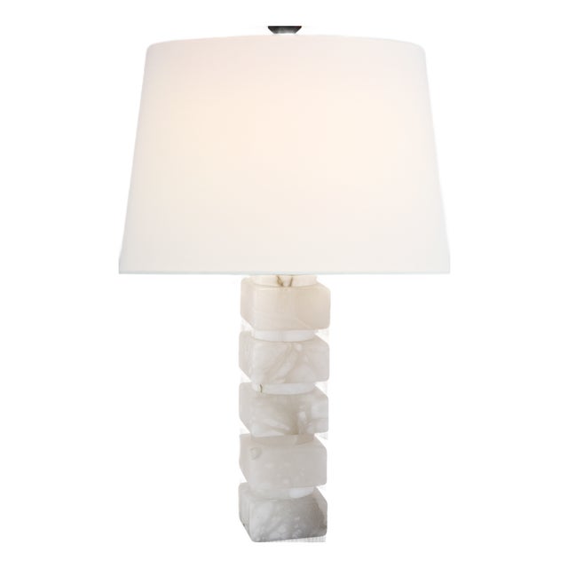 Chapman & Myers by Visual Comfort Signature Square Chunky Stacked Table Lamp in Alabaster with Linen Shade For Sale