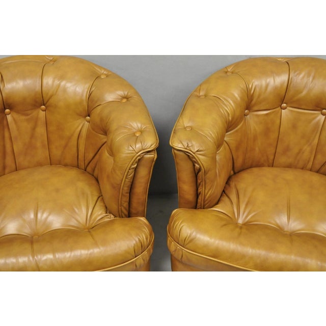 Late 20th Century Vintage Classic Leather Chesterfield Brown Tufted Leather Barrel Club Chair Pair For Sale - Image 5 of 14