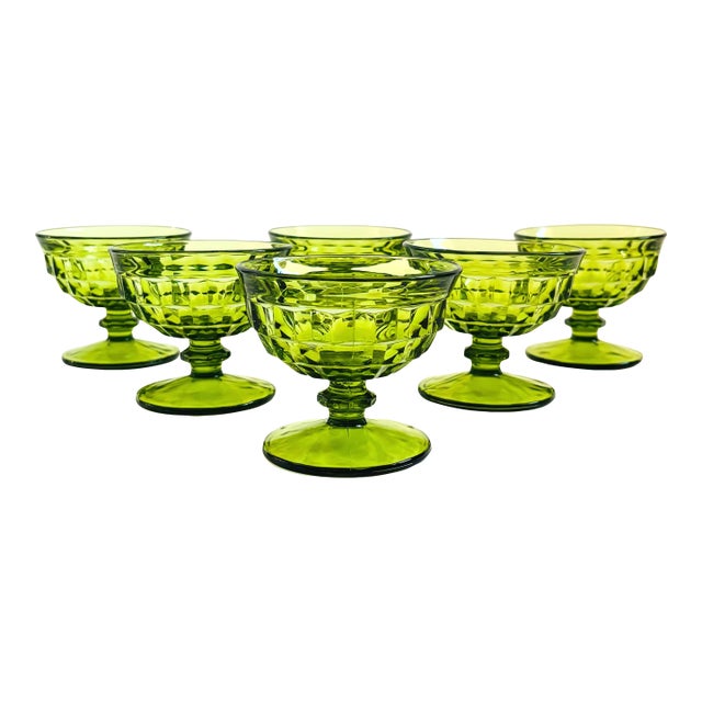 Mid 20th Century Mid Century Modern Indiana Glass Green Coupe Glasses - Set of 6 For Sale