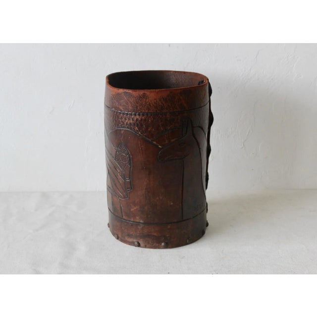 Handcrafted Distressed Leather Nailhead Carved Peruvian Souvenir Wastebasket Vintage. Made from wood, leather, lace and...