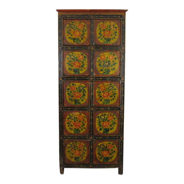Vintage Tall Tibetan 5 Compartments Cabinet For Sale