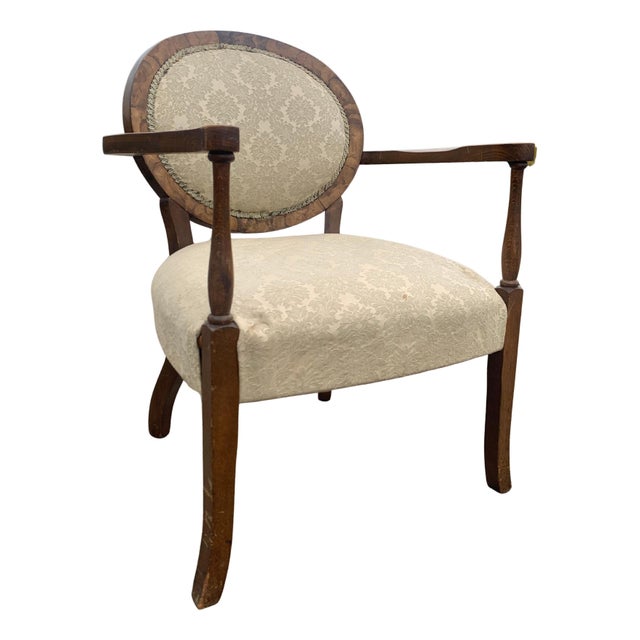 Art Deco Walnut Spoonback Open Frame Armchair with Cream Damask Upholstery For Sale - Image 11 of 11