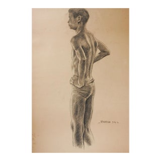 Vintage 1950s Charles Normann Male Charcoal Drawing For Sale
