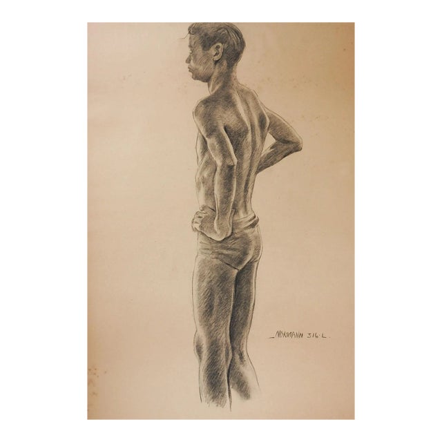 Vintage 1950s Charles Normann Male Charcoal Drawing For Sale