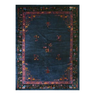 1920s Antique Navy Floral Oriental Chinese Art Deco Rug in Mandarin Quality For Sale