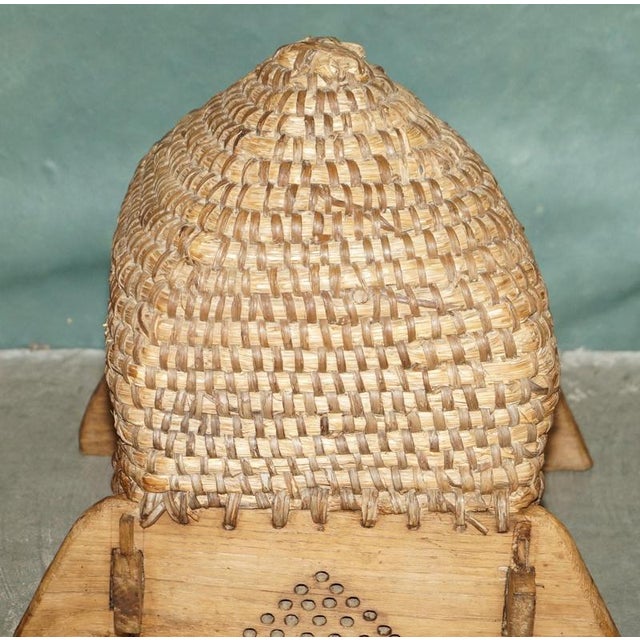 Antique English Folk Art Woven Bee Skep in Primative Woven & Wooden Stand, 1880 For Sale - Image 3 of 12