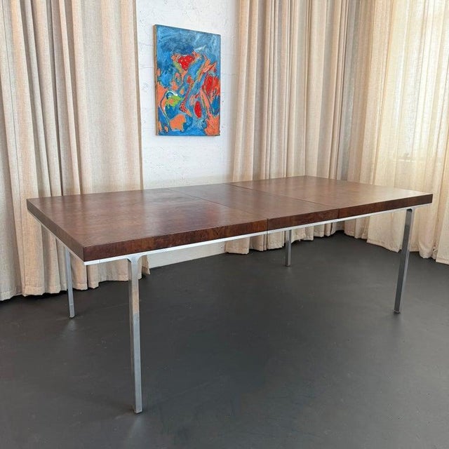 John Stuart Swiss Mid-Century Modern Burl Walnut Chrome Extension Dining Table, John Stuart For Sale - Image 4 of 15