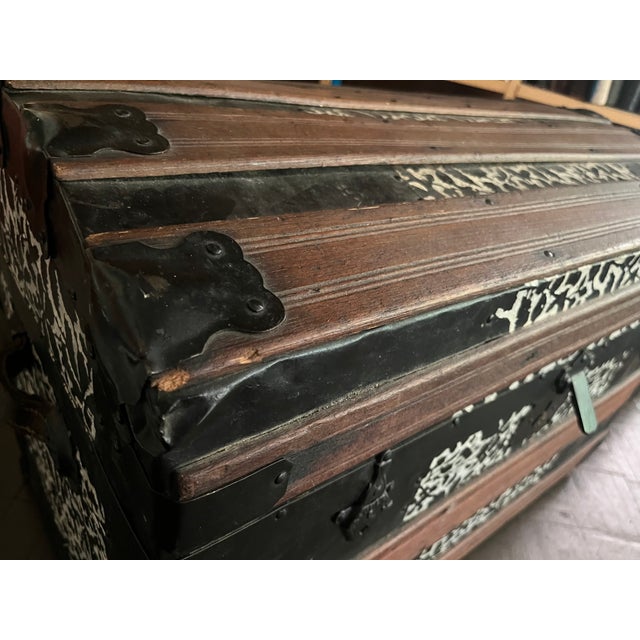 Antique Steamer Trunk Dome Top Embossed Metal Finish With Wheels For Sale - Image 4 of 10