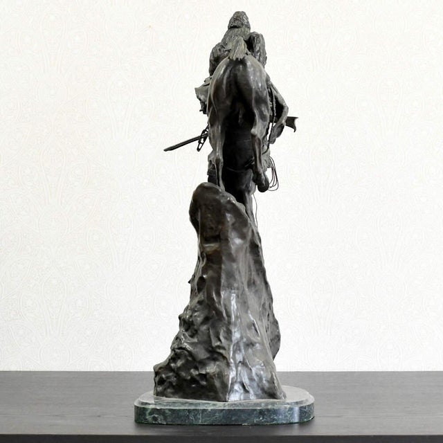 Figurative Bronze Buffalo Signal Sculpture After Frederic Remington on Marble Base For Sale - Image 3 of 13