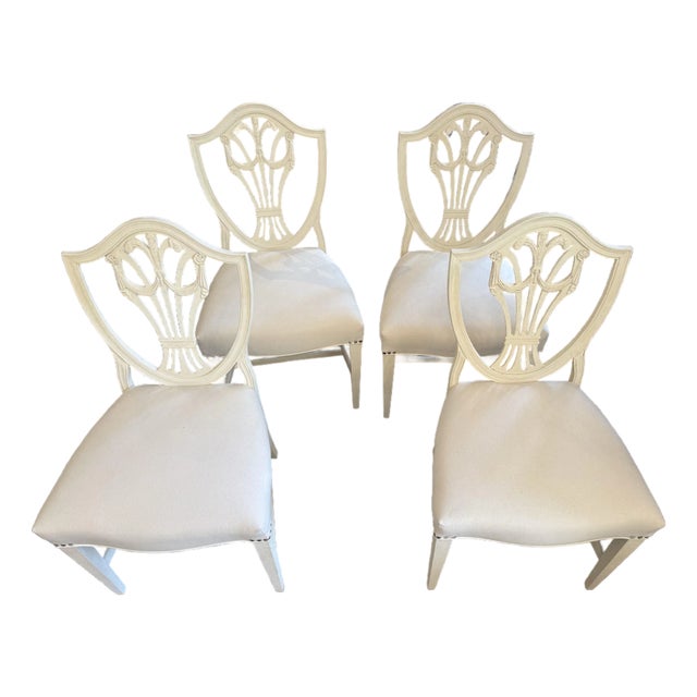 19th Century Antique Mahogany Hepplewhite Style Shieldback Chairs Painted French Linen White For Sale