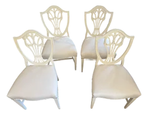 19th Century Antique Mahogany Hepplewhite Style Shieldback Chairs Painted French Linen White