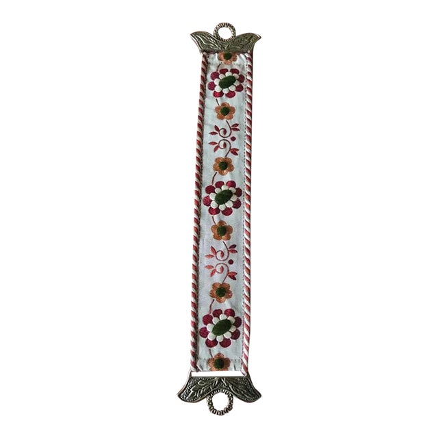 Vintage Miniature Embroidered Bell Pull With Brass Ornaments For Sale