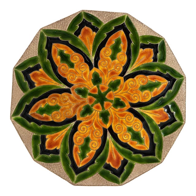 Mid-Century Modern, Italian Green & Gold Mandala Enameled Copper Plate For Sale