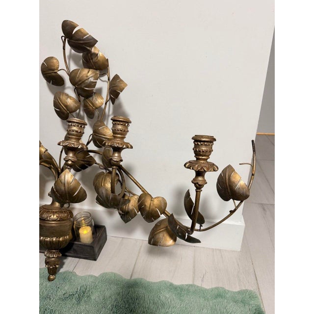 Metal Large Vintage Gold Metal Leaf 7-Candle Wall Candelabra For Sale - Image 7 of 14