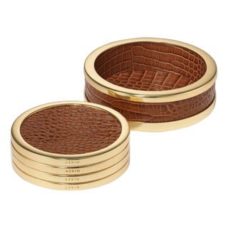 AERIN Classic Croc Leather Coasters, Chestnut - Set of 4 For Sale