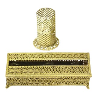 Vintage Gold Filigree Vanity Set - Tissue Box & Can/Bottle Holder, S/2 For Sale
