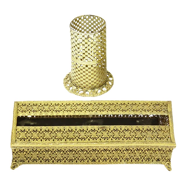 Vintage Gold Filigree Vanity Set - Tissue Box & Can/Bottle Holder, S/2 For Sale