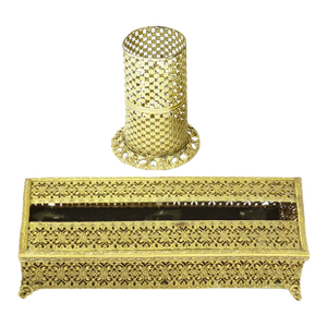Vintage Gold Filigree Vanity Set - Tissue Box & Can/Bottle Holder, S/2
