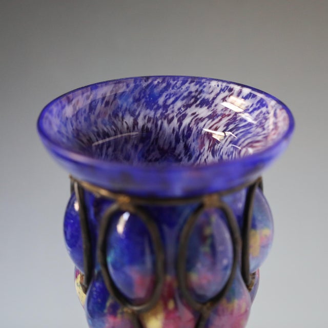 Charles Schneider French Art Deco Schneider Mottled Cobalt Glass Vase in Wrought Iron Mount, 1920s For Sale - Image 4 of 9