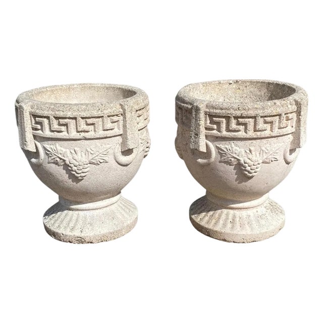 Vintage Greek Classical Style Concrete Greek Key Garden Flower Planter Pot, Pair For Sale
