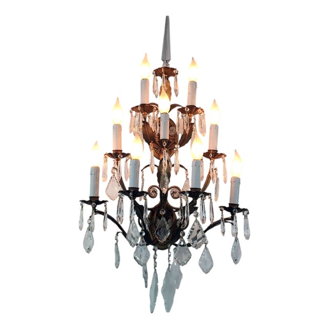 Nine-Light Gilded Iron and Crystal Wall Lamp, 1960s For Sale