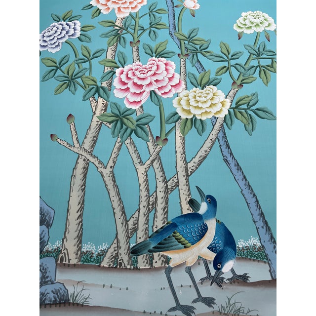 Art Deco Chinoiserie Style Hand-Painted Wallpaper, Turquoise Floral & Bird Mural, Wall Panels for Living Spaces For Sale - Image 3 of 9